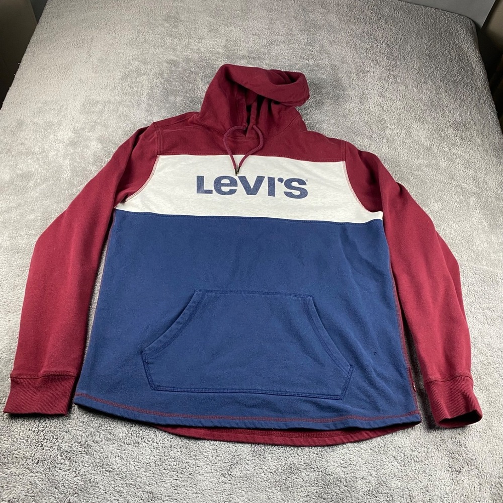 Levis Hoodie Sweater Mens XL Red Blue Long Sleeve Cotton Blend Spellout Logo